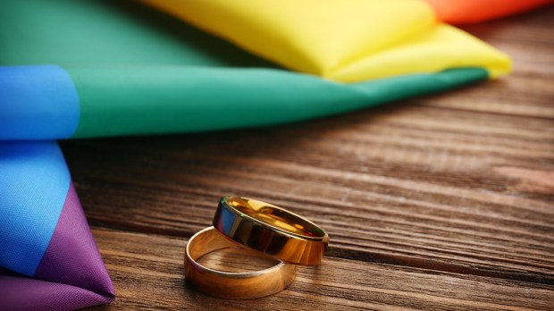 WEDDING RINGS AND RAINBOW GAY FLAG