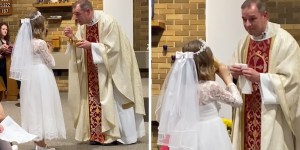 El comportamiento inusual de la niña en su Primera Comunión hizo reír a toda la iglesia [video]