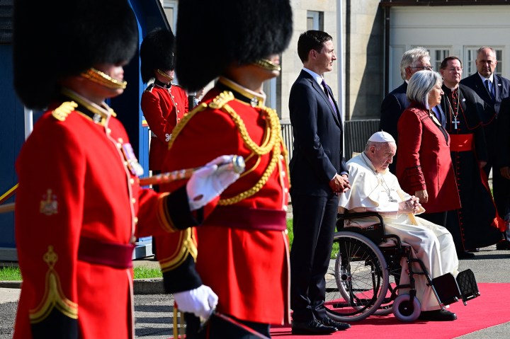 Canadian-Prime-Minister-Justin-Trudeau-greets-Pope-Francis-as-he-arrives-at-the-Citadelle-de-Quebec-AFP