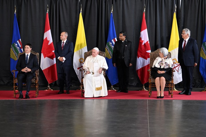 Pope-Francis-Canadian-Prime-Minister-Justin-Trudeau-and-the-Governor-General-of-Canada-Mary-Simon-at-Edmonton-AFP