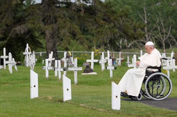 Pope Francis visiting the Ermineskin Cree Nation Cemetery in Maskwacis, south of Edmonton, western Canada