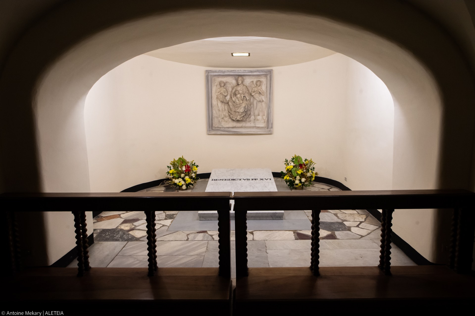 The tomb of late Pope Emeritus Benedict XVI inside the grottos of St. Peter's Basilica