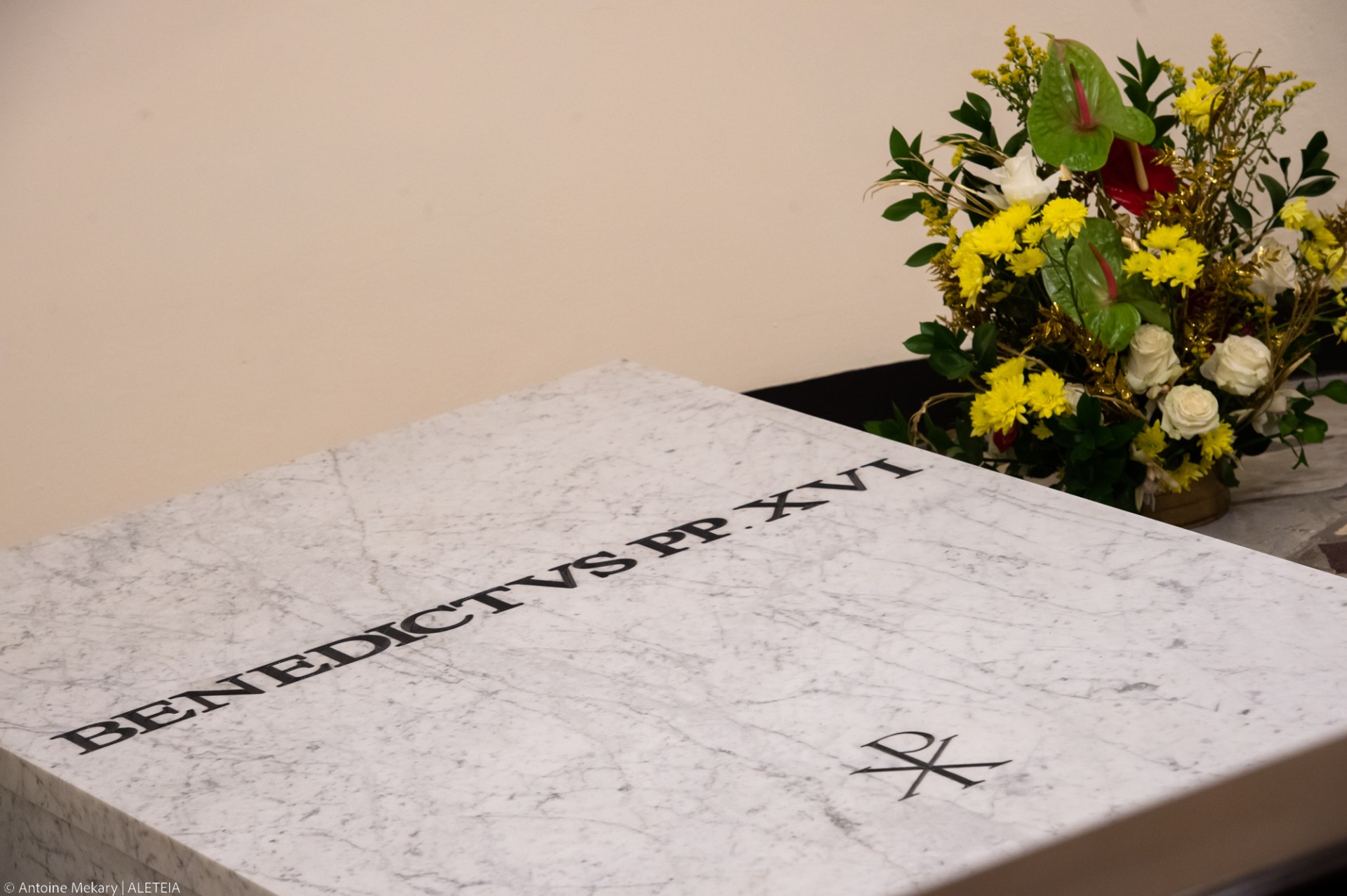 The tomb of late Pope Emeritus Benedict XVI inside the grottos of St. Peter's Basilica