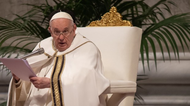 Pope Francis celebrates the Holy Chrism mass on April 05, 2023 in St. Peter's Basilica at The Vatican.