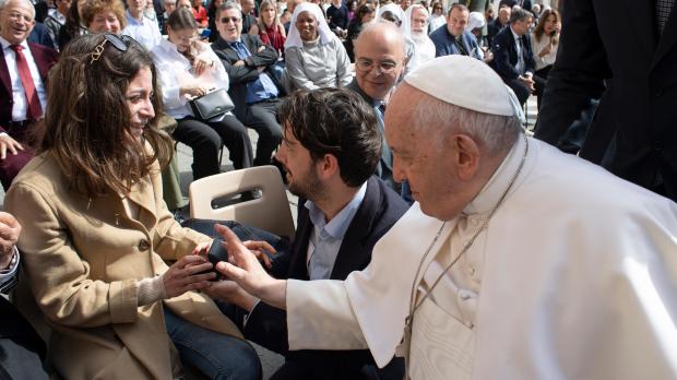 Pope Francis blesses the engagement ring at the general audience on May 03, 2023 in St. Peter's Square at the Vatican.