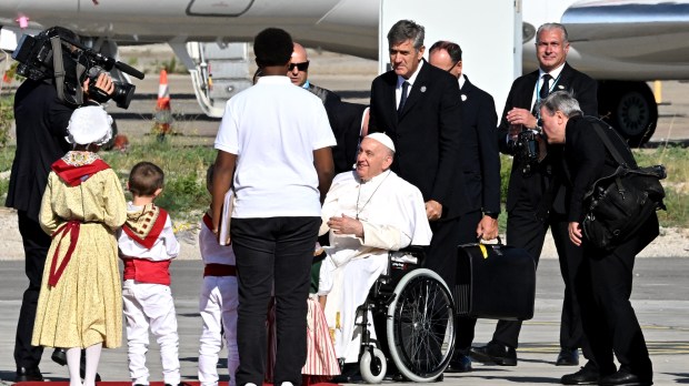 Pope Francis attends the official welcome ceremony upon his arrival at Marseille