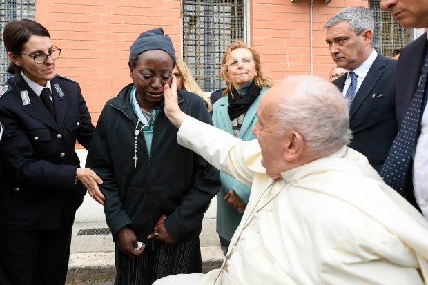 Pope Francis at the Rebibbia prison for women in Rome where he performed the "Washing of the Feet" of inmates during a private visit as part of Holy Thursday