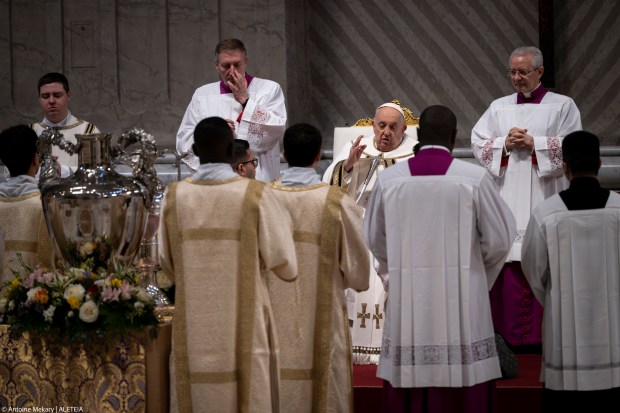 Pope Francis presides the Chrism mass for Maundy Thursday at St Peter's Basilica on March 28, 2024