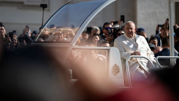 Pope Francis during his weekly general audience in St. Peter's square at the Vatican on April 24, 2024
