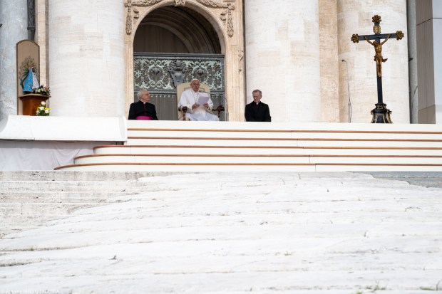 Pope Francis during his weekly general audience in St. Peter's square at the Vatican on May 08, 2024.
