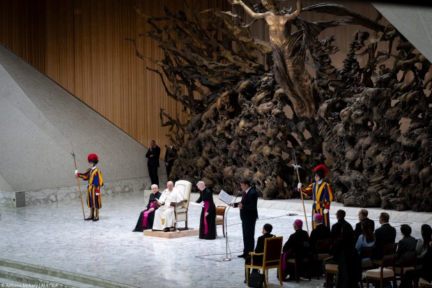 Pope Francis during his weekly general audience in Paul VI Hall at the Vatican on May 01, 2024