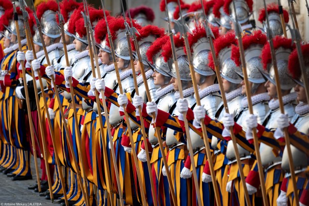 Swiss Guards take part in a swearing-in ceremony in San Damaso Courtyard, Vatican on May 06, 2024
