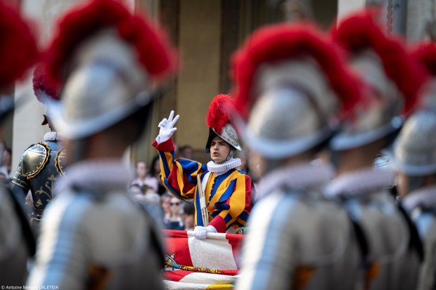 Swiss Guards take part in a swearing-in ceremony in San Damaso Courtyard, Vatican on May 06, 2024