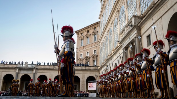 Swiss Guards take part in a swearing-in ceremony in San Damaso Courtyard, Vatican on May 06, 2024