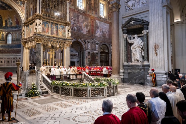 Pope Francis presides over a holy mass on the Solemnity of the Most Holy Body and Blood of Christ at Saint John Lateran archbasilica on June 2, 2024 in Rome.