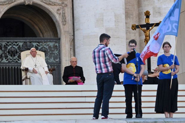 Pope Francis attends the open-air audience of XIII International Pilgrimage of Altar Servers at St. Peterís square in the Vatican on July 30, 2024