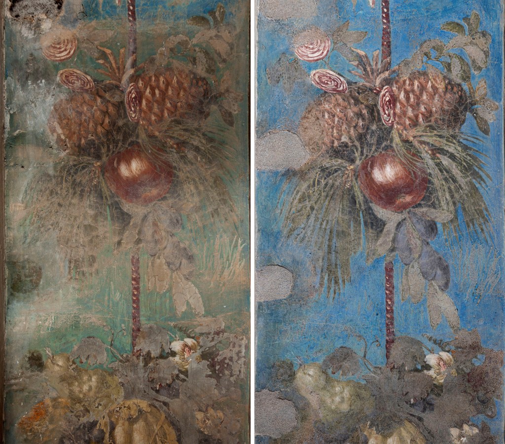 West-wall-6th-bay-right-hand-end-wall.-Plant-festoon-before-After-restoration-photo-by-A.-Prinzivalle-13012020-Copyright-©-Governatorato-SCV-–-Direzione-dei-Musei-5